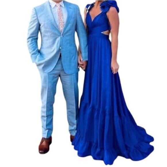 Mac Duggal 67911 Royal Blue Chiffon Cutout Ruffled Empire Waist Dress Size 12 - Picture 4 of 12